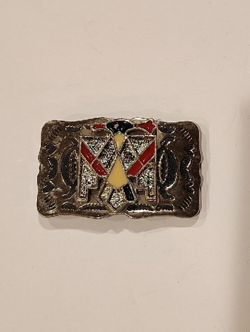 Inlay Thunderbird Belt Buckle - Black, Red & Yellow WM